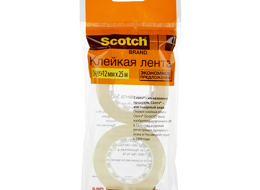 Клейкая лента канцелярская Scotch прозрачная 12 мм х 25 м (2 штуки в упаковке)